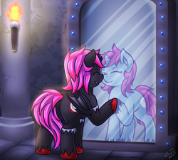 Size: 1666x1500 | Tagged: safe, artist:vavacung, oc, oc only, oc:midnight moon, vampony, broken horn, female, filly, mirror, reflection