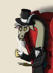 Size: 1080x1473 | Tagged: safe, artist:gennbu, discord, classy, clothes, hat, monocle, suit, tea, top hat