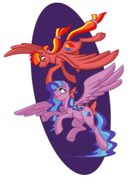 Size: 676x936 | Tagged: safe, artist:otakugal15, feathermay, pegasus, pony, bow, duo, female, flitterheart, flying, mare, simple background, spread wings, tail bow, transparent background, wings