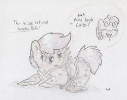 Size: 1025x808 | Tagged: safe, artist:slightlyshade, scootaloo, sweetie belle, blushing, kimono (clothing), traditional art