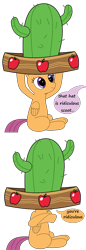 Size: 802x2337 | Tagged: safe, artist:laserbiskit, scootaloo, appleoosa's most wanted, cactus hat, comic, crossed legs, giant hat, hat, implied sweetie belle, offscreen character, simple background, sitting, solo, sombrero, transparent background