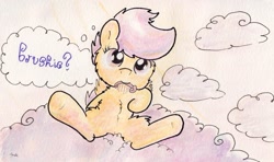 Size: 1145x679 | Tagged: safe, artist:slightlyshade, scootaloo, brushie, cloud, cloudy, comb, cute, cutealoo, fluffy, looking at you, mouth hold, on back, smiling, solo, spread wings, thought bubble, traditional art, underhoof