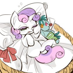 Size: 512x512 | Tagged: safe, artist:wan, sweetie belle, cute, diasweetes, one eye closed, pillow, plushie, tired, waking up