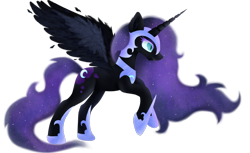 Size: 1366x838 | Tagged: safe, artist:madeline13trent, nightmare moon, feather, simple background, solo, spread wings, transparent background