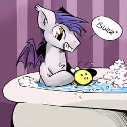 Size: 1000x1000 | Tagged: safe, artist:violise, oc, oc only, oc:kevin the nightguard, bat pony, pony, bath, bathtub, bubble, dialogue, kevin after-hours, smiling, solo, spread wings, tumblr, water