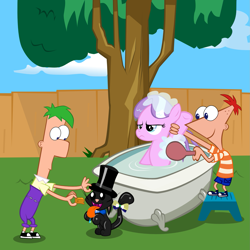 Size: 1635x1635 | Tagged: safe, artist:magerblutooth, diamond tiara, oc, oc:dazzle, cat, bath, bathtub, bubble, claw foot bathtub, crossover, ferb fletcher, phineas and ferb, phineas flynn, reference, wet mane