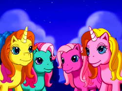 Size: 640x480 | Tagged: safe, screencap, brights brightly, minty, pinkie pie (g3), rarity (g3), come back lily lightly, g3, night, smiling