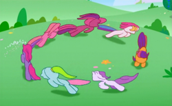 Size: 1135x705 | Tagged: safe, screencap, cheerilee (g3), pinkie pie (g3), rainbow dash (g3), scootaloo (g3), starsong, sweetie belle (g3), toola roola, g3.5, circle, core seven, faceless ponies, great moments in animation, intro