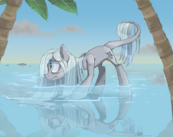 Size: 1000x789 | Tagged: safe, artist:mymineawesome, oc, oc only, horizon, palm tree, pathetic, reflection, sad, solo, tail, tree, water