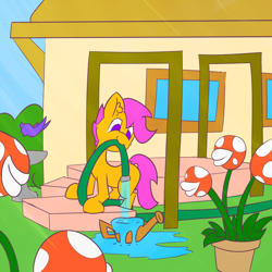 Size: 1500x1500 | Tagged: safe, artist:solipsus, scootaloo, crossover, nintendo, piranha plant, super mario bros., this will end in tears, water, watering can