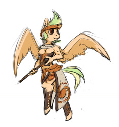 Size: 1262x1348 | Tagged: safe, artist:krriia, oc, oc only, oc:solar blitz, anthro, pegasus, clothes, gun, gunslinger, musket, pathfinder, piercing, sketch, solo