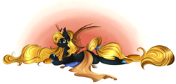 Size: 3528x1685 | Tagged: safe, artist:rubyrue, oc, oc only, oc:regina liliac, bat pony, pony, blanket, female, lying down, mare, pillow, royalty, solo