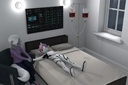Size: 3000x2000 | Tagged: safe, artist:tahublade7, silver spoon, sweetie belle, sweetie bot, anthro, cyborg, plantigrade anthro, robot, 3d, about to cry, daz studio, female, high res, holding hands, hospital, i never asked for this, lesbian, older, older silver spoon, older sweetie belle, shipping, silverbelle, story included