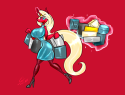 Size: 2893x2194 | Tagged: safe, artist:saliantsunbreeze, oc, oc only, oc:scarlet rose, anthro, plantigrade anthro, unicorn, anthro oc, blonde, breasts, clothes, curvy, dress, female, high heels, hourglass figure, magic, shopping, solo, stockings