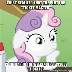 Size: 300x300 | Tagged: safe, sweetie belle, pony, unicorn, the ticket master, exploitable meme, female, filly, horn, image macro, meme, solo, sudden clarity sweetie belle, text, the weekenders, two toned mane, white coat, wide eyes