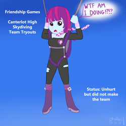 Size: 1500x1500 | Tagged: safe, artist:phallen1, mystery mint, equestria girls, friendship games, 30 minute art challenge, background human, clothes, costume interpretation, falling, jumpsuit, parachute, skydiving, wtf