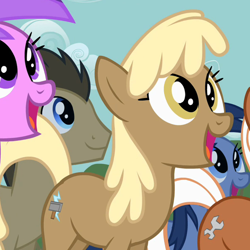 Size: 600x600 | Tagged: safe, screencap, doctor whooves, mjölna, silver spanner, earth pony, pony, unicorn, the super speedy cider squeezy 6000, background pony, background pony audience, bottlecap (character), cropped, female, male, mare, open mouth, solo focus, stallion, unnamed pony