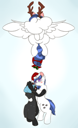 Size: 1174x1920 | Tagged: safe, artist:onu, oc, oc only, oc:midnight charmer, oc:phalanx, oc:stratafortress, pegasus, pony, unicorn, blushing, cloud, hat, holly, holly mistaken for mistletoe