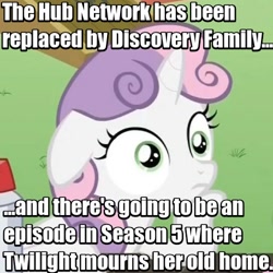 Size: 500x500 | Tagged: safe, edit, edited screencap, screencap, sweetie belle, pony, unicorn, castle sweet castle, discovery family, exploitable meme, female, filly, horn, hub drama, image macro, meme, mind blown, observation, solo, sudden clarity sweetie belle, text, the hub, two toned mane, white coat, wide eyes