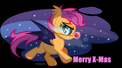 Size: 1024x575 | Tagged: safe, artist:wicklesmack, scootaloo, bat pony, pony, bat ponified, race swap, red nose, scootabat, solo, student of the night