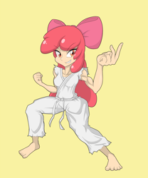 Size: 4000x4800 | Tagged: safe, artist:janji009, apple bloom, human, adorabloom, apple brawn, barefoot, clothes, cute, feet, gi, humanized, karate, karatebloom, light skin, martial arts, muscles, ripped sleeves, robe, solo, trousers, white belt