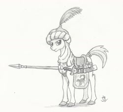 Size: 1743x1585 | Tagged: safe, artist:sensko, lancer, saddle arabian, armor, grayscale, monochrome, pencil drawing, saddle, scimitar, soldier, solo, spear, traditional art