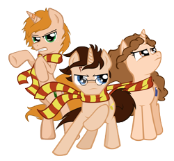 Size: 7148x6625 | Tagged: safe, artist:zackira, absurd resolution, clothes, glasses, gryffindor, harry potter, hermione granger, ponified, ron weasley, scarf, simple background, transparent background