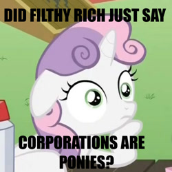 Size: 500x500 | Tagged: safe, sweetie belle, pony, unicorn, exploitable meme, female, filly, horn, image macro, meme, solo, sudden clarity sweetie belle, text, two toned mane, white coat, wide eyes