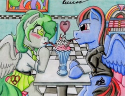 Size: 960x741 | Tagged: safe, artist:the1king, oc, oc only, 1950s, 50s diner, clothes, diner, jukebox, leather jacket, milkshake, oc x oc, poodle skirt, traditional art