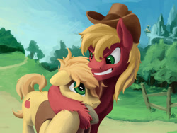 Size: 1600x1200 | Tagged: safe, artist:fantdragon, big macintosh, braeburn, earth pony, pony, accessory swap, duo, headlock, hug, male, stallion