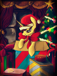 Size: 1500x2000 | Tagged: safe, artist:pedrohander, oc, oc only, pony, unicorn, christmas, hat, present, santa hat, solo