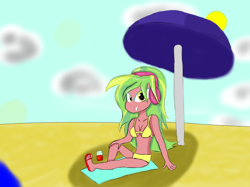 Size: 1024x765 | Tagged: safe, artist:mildockart, lemon zest, equestria girls, friendship games, beach, bikini, clothes, sandals, swimsuit