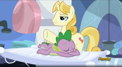 Size: 1665x927 | Tagged: safe, screencap, spike, dragon, princess spike (episode), by order of the princess, eyes closed, frown, grin, logic, massage, masseuse pony, prone, quake, smiling, unamused, underhoof