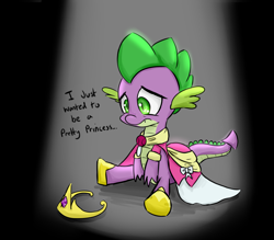 Size: 1254x1100 | Tagged: safe, artist:artguydis, spike, dragon, princess spike (episode), abuse, baby, baby dragon, clothes, coronation dress, crossdressing, crown, cute, dress, male, pretty princess, princess, sad, spikabetes, spikeabuse, spotlight, that was fast