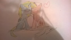 Size: 2592x1456 | Tagged: safe, artist:fifthcru5ader, oc, oc only, oc:cocoa bean, oc:fifthcru5ader, alicorn, pony, alicorn oc, female, glasses, heart, kissing, lesbian, oc x oc, shipping, traditional art