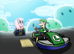 Size: 1500x1100 | Tagged: safe, artist:redstoneengine, oc, oc:fluffle puff, crossover, looking back, luigi, mario kart, oh shit, racing, shocked, super mario bros.