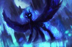 Size: 1023x666 | Tagged: safe, artist:elkaart, nightmare moon, moon, solo, spread wings