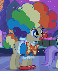 Size: 222x274 | Tagged: safe, screencap, alula, mayor mare, earth pony, pony, luna eclipsed, bowtie, clothes, clown, clown nose, costume, cropped, female, mare, rainbow wig, solo focus