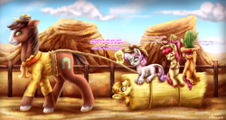 Size: 2258x1200 | Tagged: dead source, safe, artist:9de-light6, apple bloom, braeburn, scootaloo, sweetie belle, trouble shoes, classical unicorn, earth pony, pegasus, pony, unicorn, appleoosa's most wanted, cactus hat, catatonic, cloven hooves, cutie mark crusaders, engrish, feathered fetlocks, hat, hayburn, leonine tail