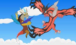 Size: 1385x821 | Tagged: safe, artist:emiemi345, discord, cloud, cloudy, crossover, fight, flying, pokémon, pokémon x and y, sky, vs, yveltal