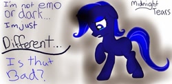 Size: 1007x491 | Tagged: safe, artist:fangirlanimefreak, oc, oc only, oc:midnight tears, earth pony, pony, dark, emo, female, mare, solo