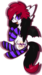 Size: 363x640 | Tagged: safe, artist:spooky-kitteh, oc, oc only, oc:strawberry swisher, bat pony, pony, clothes, socks, solo, striped socks