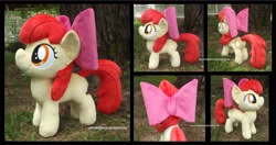 Size: 3330x1754 | Tagged: safe, artist:peruserofpieces, apple bloom, earth pony, pony, accessory, bow, female, filly, from behind, happy, irl, photo, plushie, profile, ribbon, smiling, solo