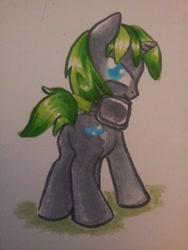 Size: 720x960 | Tagged: safe, artist:dawnallies, oc, oc only, oc:azure slash, pony, unicorn, headphones, solo, traditional art