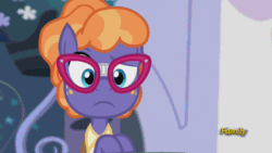 Size: 500x281 | Tagged: safe, screencap, frazzle rock, princess spike (episode), adorkable, animated, broken glasses, bucktooth, cute, discovery family, discovery family logo, dork, frazzlebetes, frown, glasses, looking at you, raised eyebrow, solo, talking, worried