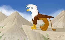 Size: 1758x1080 | Tagged: safe, artist:crusierpl, oc, oc only, griffon, frown, male, mountain, solo, standing