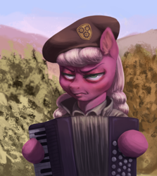Size: 2362x2653 | Tagged: safe, artist:mav, cheerilee, earth pony, pony, accordion, bust, clothes, dat face soldier, frown, glare, hat, high res, meme, musical instrument, portrait, remove kebab, serbia, serbia strong, sky, solo, unamused