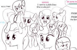 Size: 405x262 | Tagged: safe, artist:woox, oc, oc only, oc:dizzy cream, blushing, clone, clones, flockmod, looking at you, smiling, stack, text, tired