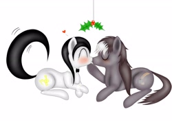 Size: 3264x2448 | Tagged: safe, artist:thepianistmare, oc, oc only, oc:klavinova, oc:quill, blushing, holly, holly mistaken for mistletoe, kissing