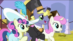 Size: 1920x1080 | Tagged: safe, screencap, bon bon, bonabelle bonette, ponet, sweetie drops, twinkleshine, princess spike (episode), alternate hairstyle, clothes, dress, hat, open mouth, raised hoof, smiling, tail bow